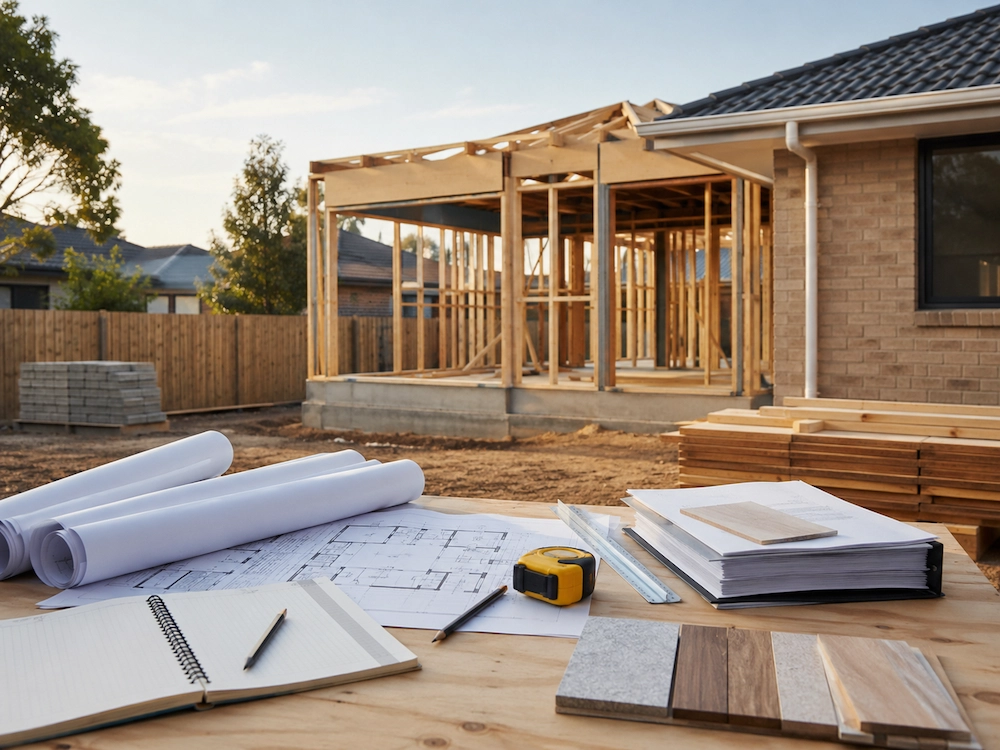 Architectural plans, measurements and material samples at a residential construction site in Melbourne