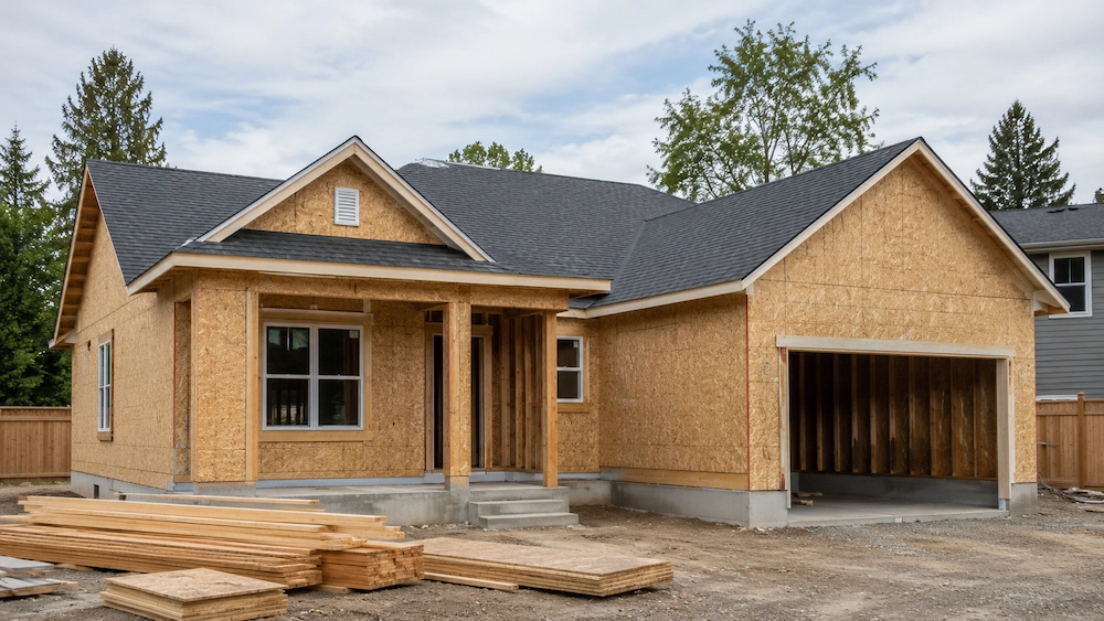 Simple custom home under construction in Melbourne with timber framing and roofing complete