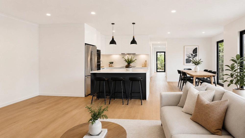 Modern open-plan kitchen and living area after a home improvement project in Melbourne